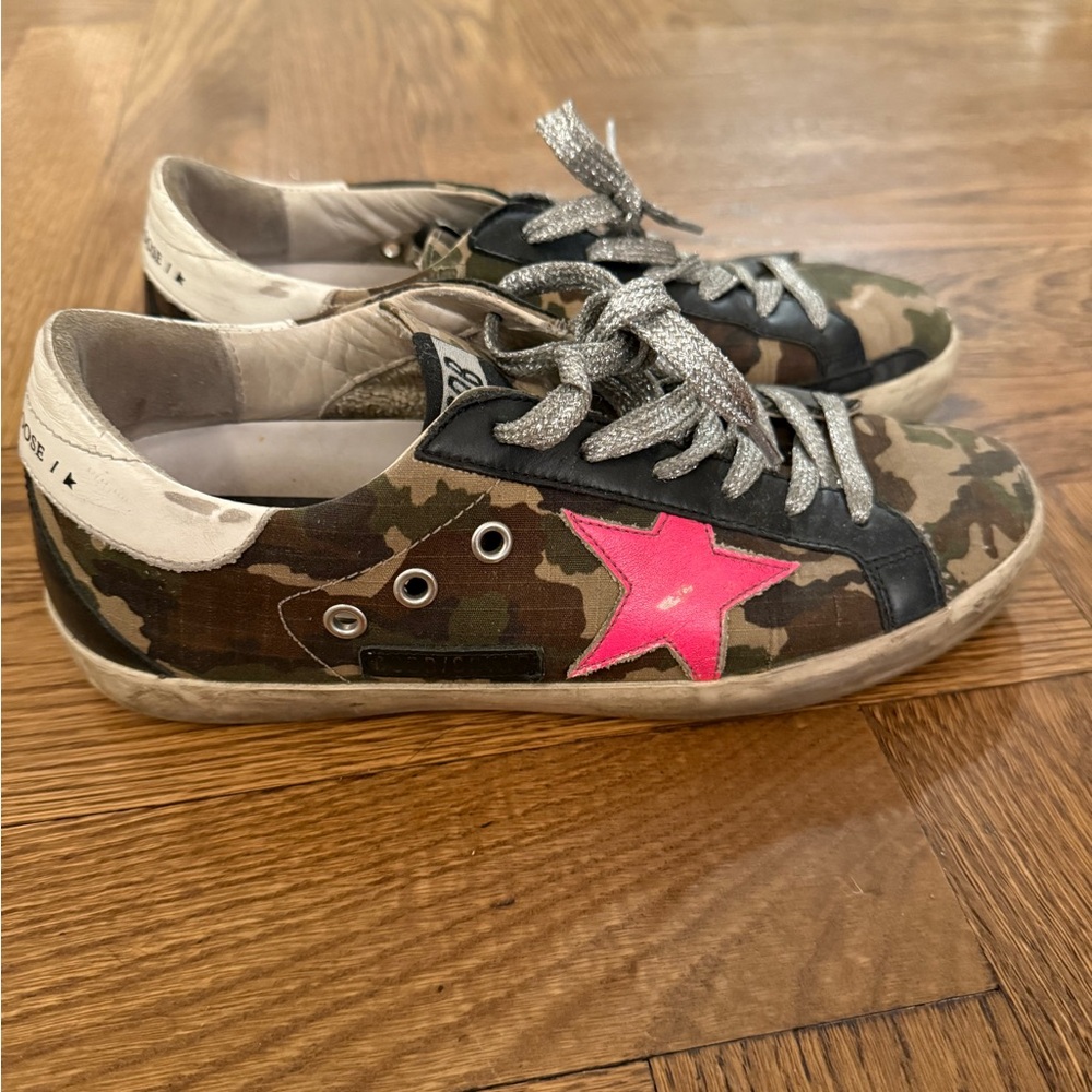 Golden Goose Camouflage Sneakers with Pink Star and Silver Laces